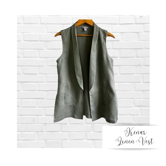 Vintage Kenar Sage Green 100% Linen Waistcoat Vest Preppy Light Academia Small - Picture 1 of 9
